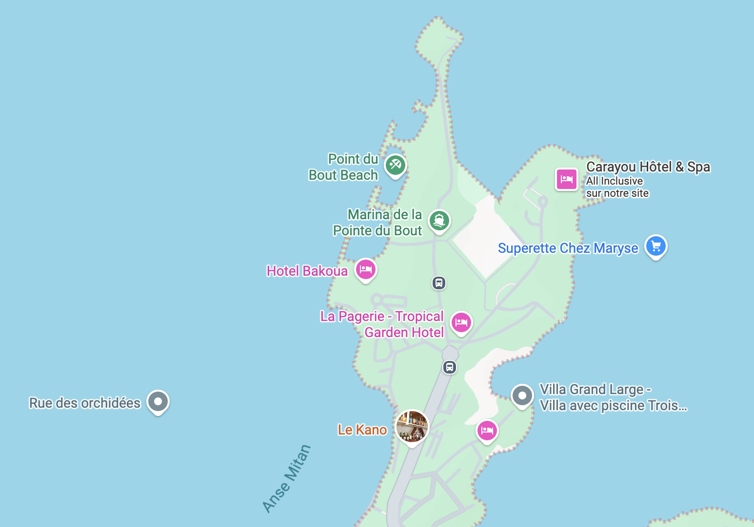 Carte de la Pointe du Bout avec la marina, les plages, les hôtels et les commerces à proximité de la villa